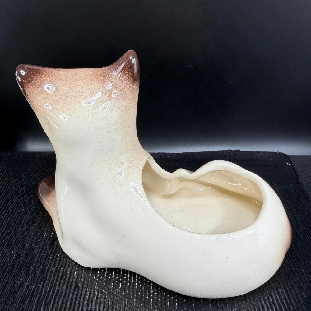 Vintage Siamese Cat Ceramic Planter Blue Eyes Mid Century Modern Figurine 9.5